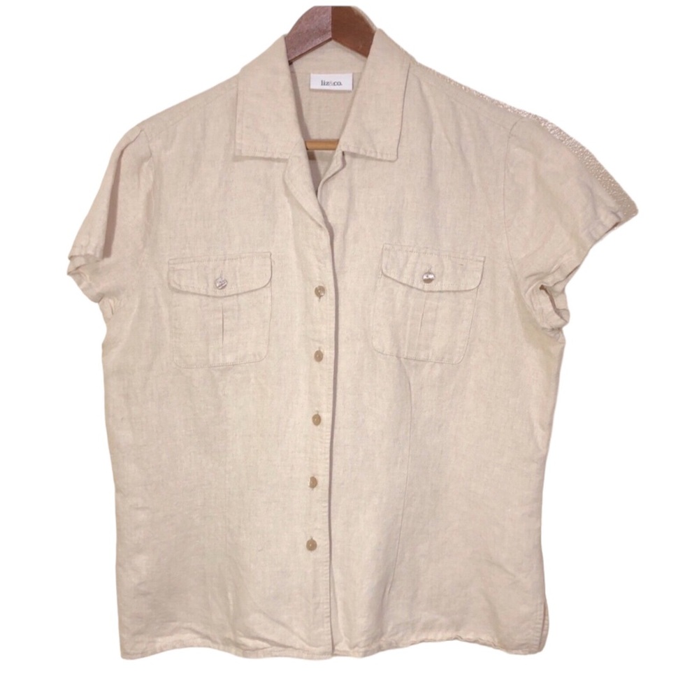 Liz & Co Linen Blend Button Down Shirt Womens Size L Summer Casual